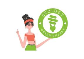 de meisje houdt de eco logo in haar handen. de karakter is afgebeeld naar de taille. de concept van ecologie en groen energie. geïsoleerd Aan wit achtergrond. vector neiging illustratie.