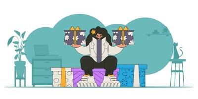 stijl 80s en jaren 90. de meisje is Holding twee cadeaus in haar handen. een vrouw zit Aan geschenk dozen. vakantie verrassing concept. vector