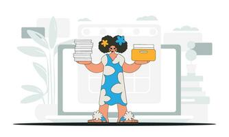 een modieus vrouw houdt een stack van documenten in haar handen. grafisch illustratie Aan de thema van belasting betalingen. vector