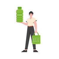 een Mens houdt een fles gemaakt van biologisch afbreekbaar plastic in zijn handen. de concept van ecologie en zorg voor de omgeving. geïsoleerd. mode neiging illustratie in vector. vector