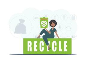 de meisje zit en houdt een urn in haar handen. de concept van recycling en nul afval. vector illustratie vlak modieus stijl.