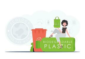 concept van groen wereld en ecologie. de meisje zit Aan een fles met biologisch afbreekbaar plastic en houdt een eco zak in haar handen. neiging stijl.vector illustratie. vector