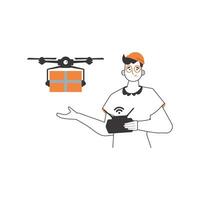 een Mens stuurt een pakket met een drone. lucht levering concept. lineair stijl. geïsoleerd Aan wit achtergrond. vector illustratie.