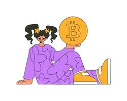 de meisje is Holding een bitcoin munt. karakter modieus retro stijl. vector