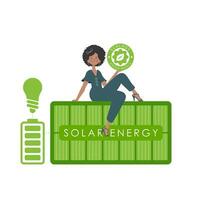 de meisje zit Aan de zonne- paneel en houdt de eco logo in haar handen. de concept van ecologie en groen energie. geïsoleerd Aan wit achtergrond. vector neiging illustratie.