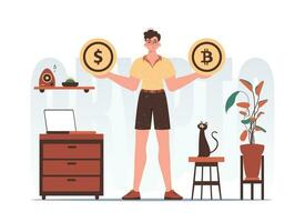 cryptogeld concept. een Mens houdt een munt van bitcoin en dollar in zijn handen. karakter in modieus stijl. vector