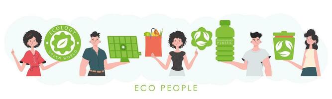 ecologie vriendelijk. eco vriendelijk mensen. mode karakters. vector illustratie.