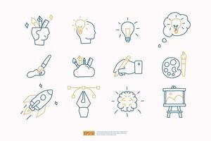 creativiteit gerelateerde doodle pictogram concept met hersenen symbool. creatief ontwerp, idee, inspiratie, brainstormen, opstarten en denk beroerte lijn vectorillustratie vector