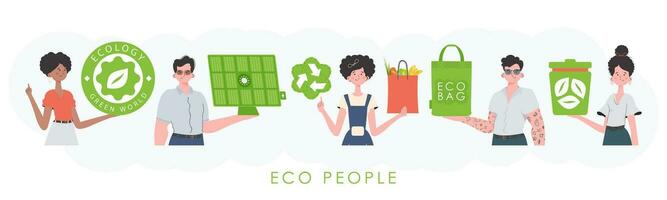zorgzaam voor de omgeving. eco vriendelijk mensen. modieus stijl. vector illustratie.