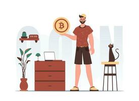 cryptogeld concept. een Mens houdt een bitcoin in de het formulier van een munt in zijn handen. karakter in modieus stijl. vector