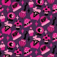 naadloos patroon in roze en zwart kleuren voor halloween. heks, hoed, bezem, glas bal, vlieg zwam, marmeren plaat, kaars Aan Purper achtergrond vector illustratie in tekenfilm stijl. verpakking, partij