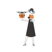 een vrouw levert een pakket met een drone. lucht levering concept. minimalistisch lineair stijl. geïsoleerd Aan wit achtergrond. vector illustratie.