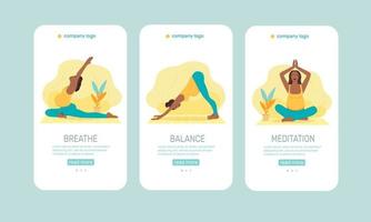 vector mobiele sjablonen of onboarding-schermen voor mobiele apps voor yogaliefhebbers. yoga houdingen voor zwangere vrouw. gezond zwangerschapsconcept. zwangere vrouw die yoga-oefeningen en yogahoudingen doet.