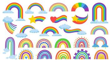tekenfilm regenboog. schattig hemel boog, wolk, ster en hart met regenboog staart. magie kleur strepen hand- getrokken vector illustratie reeks