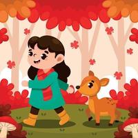 schattig meisje wandelen in het bos op herfst vector
