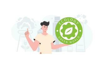 de concept van ecologie en groen energie. de vent houdt de eco logo in zijn handen. vector neiging illustratie.