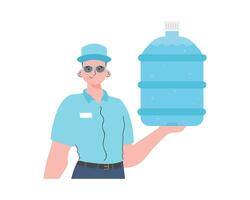 een Mens is Holding een fles van water. levering concept. de karakter is afgebeeld naar de taille. geïsoleerd. vector. vector