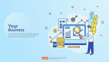 marketingconcept met documentgegevensrapport. bedrijfsstatistieken, investeringsanalyse, planningsonderzoek en financiële audit met papieren bladgrafiek, laptop, vergrootglas, papierwerk, grafieken, grafiekenelement vector