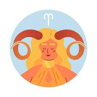 Ram dierenriem teken vlak ronde vector plek illustratie. blond vrouw met gedraaid hoorns 2d tekenfilm karakter Aan wit voor web ui ontwerp. astrologie geïsoleerd bewerkbare creatief held beeld