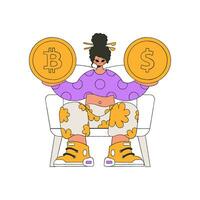 een vrouw houdt een munt van bitcoin en dollar in haar handen. karakter modieus retro stijl. vector