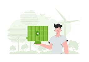groen energie concept. een Mens houdt een zonne- paneel in zijn hand. modieus stijl. vector illustratie.