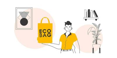de concept van ecologisch Tassen en plastic. een Mens houdt een eco-pakket in zijn handen. lijn kunst modieus stijl. vector
