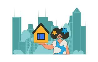 concept verkoop en bezitten een huis. een aantrekkelijk makelaar meisje houdt een huis in haar handen. vector