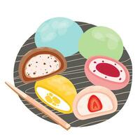 mochi. Aziatisch zoet voedsel. Japans mochi in rijst- deeg. rijst- fruit toetje Aan hout bord. gekleurde mochi met verschillend vullingen. vector vlak illustratie