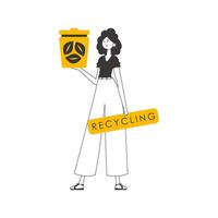 een vrouw is Holding een uitschot kan. verspilling recycling concept. lijn kunst stijl. geïsoleerd Aan wit achtergrond. vector illustratie.