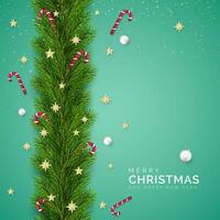 Kerstmis boom takken versierd met gouden sterren en sneeuwvlokken, snoep wandelstokken en wit Kerstmis ballen. vakantie decoratie element met wensen. vector illustratie