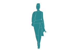 vectorillustratie van modieuze vrouw lopen, vlakke stijl met outline vector