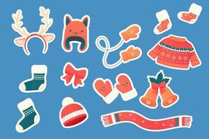 stickers met winter accessoires, kleren, hoeden, sjaal, trui, sokken, klokken vector