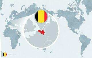 grote Oceaan gecentreerd wereld kaart met uitvergroot belgië. vlag en kaart van belgië. vector