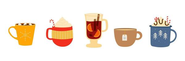 reeks van heet winter drankjes. cups met warm drankjes. vector illustratie