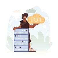 jong dame krijgen een omgaan met Aan de iot afbeelding binnenste onderdelen de centrum van een organiseren van servers, symboliseert de interconnectiviteit en mechanisch vooruitgang van Geavanceerd keer. vector