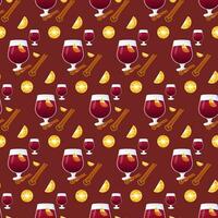 naadloos patroon met wijn, overwogen wijn en citroen en kaneel. vector