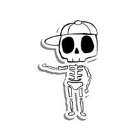 schattig tekenfilm skelet vervelend een pet Aan wit silhouet en grijs schaduw. vector illustratie over halloween.