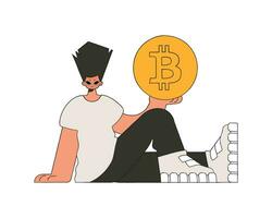 de vent is Holding een bitcoin munt. karakter modieus stijl. vector