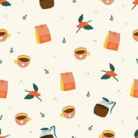naadloos patroon met koffie beker, pot, bonen. knus ontwerp voor koffie winkel, menu. vector illustratie