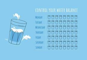 water tracker vector sjabloon. drinken water controlelijst. water tracker met koel water glas. vector illustratie. tekening stijl. vlak stijl