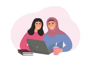 twee meisjes vrienden met een laptop, communiceren, studie, werk. een vrouw in een hijab en met haar hoofd onbedekt samen. vector vlak grafiek.