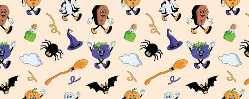 groovy halloween naadloos herfst patroon. retro tekenfilm elementen en karakters. pompoen, geest, spin, knuppel, toverdrank. modern vector illustratie.