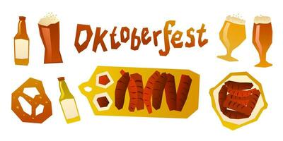 oktoberfeest bier festival pictogrammen set. lederhosen, ontbijtkoek, accordeon, bier, gegrild worst. vector illustratie.