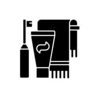 tanden poetsen zwart glyph-pictogram. tandpasta en pasta in de badkamer. handdoek voor persoonlijke netheid en hygiëne. dagelijkse badroutine. silhouet symbool op witte ruimte. vector geïsoleerde illustratie