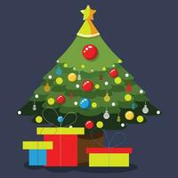Kerstmis illustratie met versierd Spar boom en cadeaus in de omgeving van. helder guirlande. vector illustratie Aan een wit achtergrond. modern vlak ontwerp.