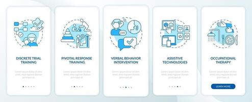 asd-behandelingsmethoden onboarding paginascherm voor mobiele apps. discrete proeftraining walkthrough 5 stappen grafische instructies met concepten. ui, ux, gui vectorsjabloon met lineaire kleurenillustraties vector