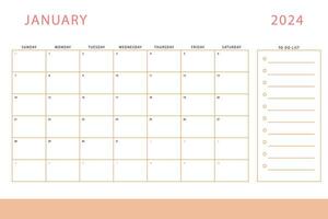 januari 2024 kalender. maandelijks ontwerper sjabloon. zondag begin. vector ontwerp