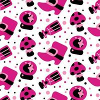 naadloos patroon in roze en zwart voor halloween. heks, schoen, glas bal, vergif, vlieg agaric Aan een wit achtergrond vector illustratie in tekenfilm stijl. feestelijk verpakking, partij textuur, textiel