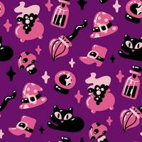 naadloos patroon in roze en zwart kleuren voor halloween. heks, hoed, bezem, laars, kat, glas bal, vergiftigen Aan Purper achtergrond vector illustratie in tekenfilm stijl. vakantie verpakking, partij structuur