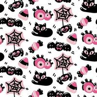 naadloos patroon in roze en zwart kleuren voor halloween. zwart kat, knuppel, spin met web, ogen, snoep Aan een wit achtergrond vector illustratie in tekenfilm stijl. vakantie verpakking, partij structuur